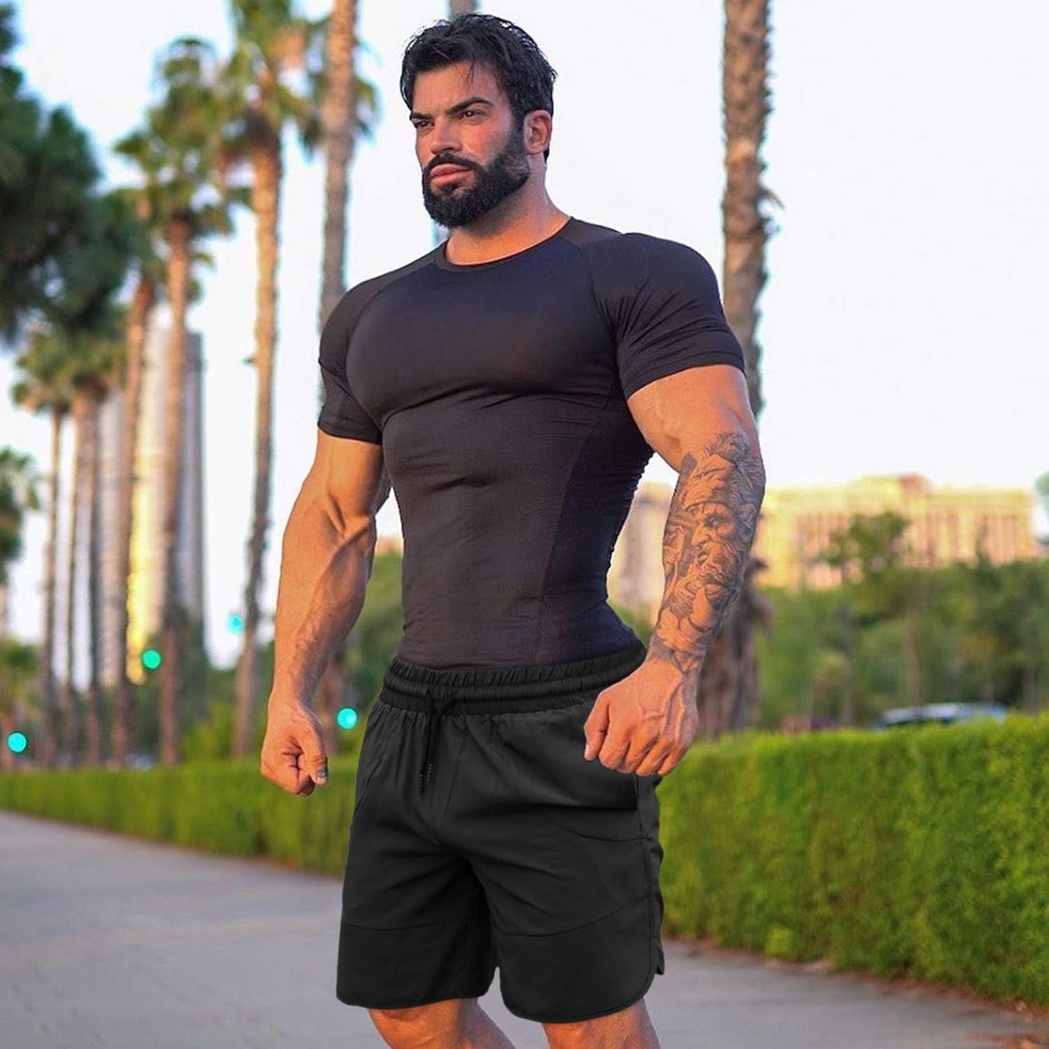 Mens 7" Gym Workout Shorts Training Bodybuilding Short Pants Zipper Pockets